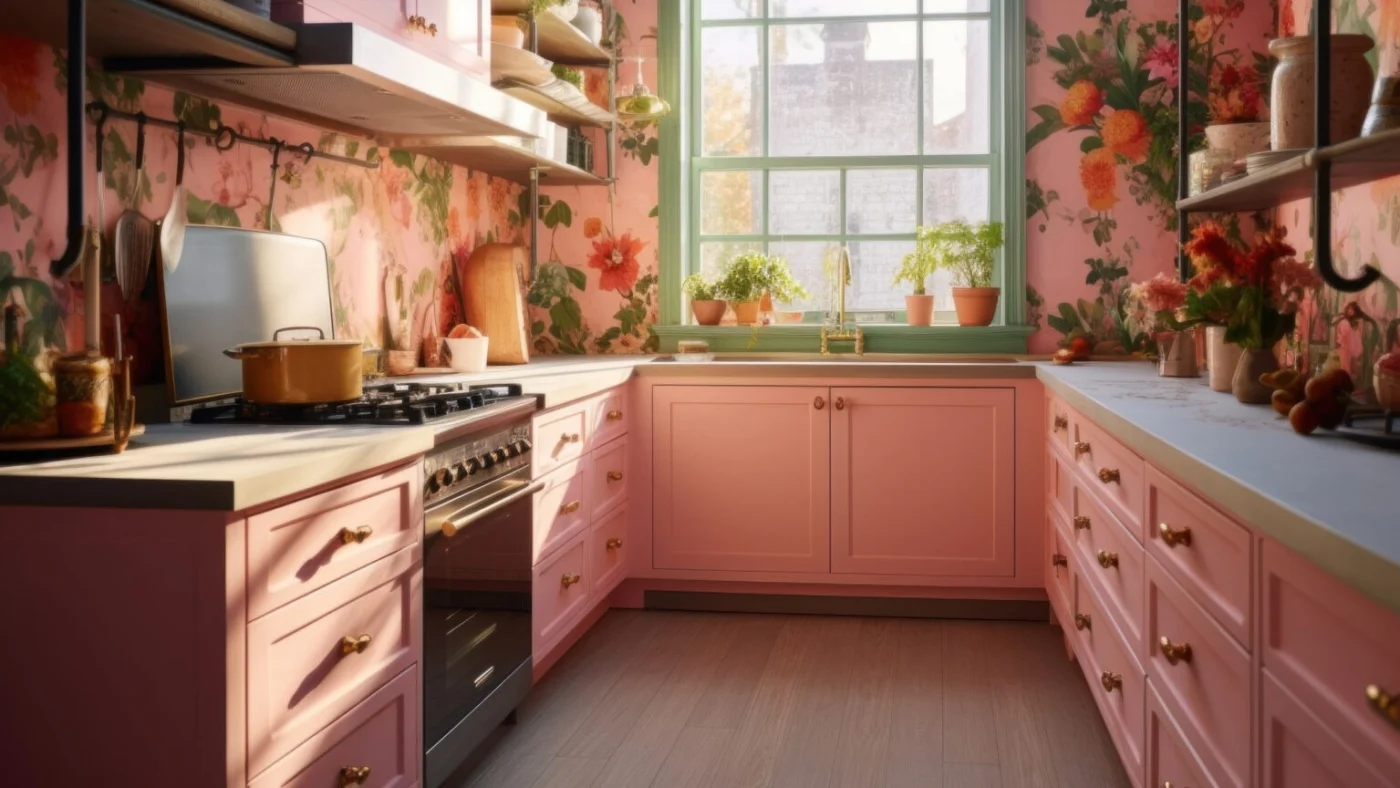 A beautiful kitchen with floral wallpaper, plants in pots on the window sill, shelving on both sides, newly-painted pink kitchen cabinets, and wood panel flooring.