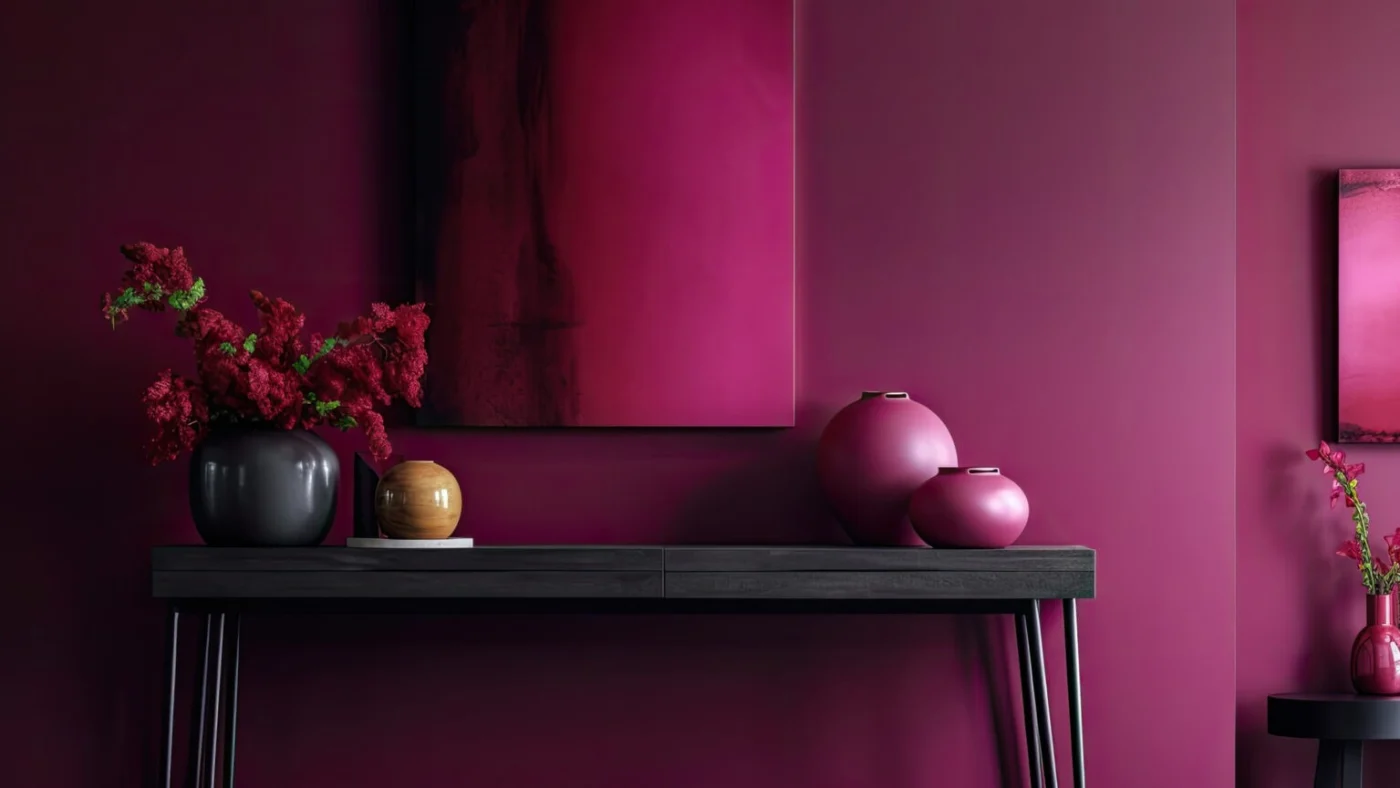 A foyer painted a deep magenta color, matching the magenta artwork, pottery, red flowers, and accent table.