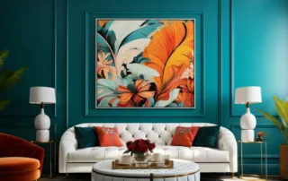 A furnished living room with a white couch, matching white lamps on end tables, differently colored couch pillows, a teal wall, tall plants, and a large painting of flowers and ferns in the center.