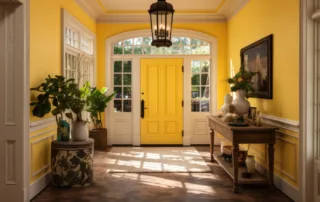 Yellow foyer with white trim and plants