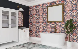 Luxury bathroom with freestanding tub and salmon/blue wallpaper